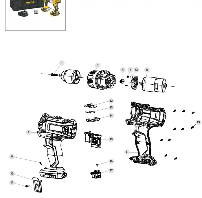 Exploded view of ROTI-20P2 hammer drill