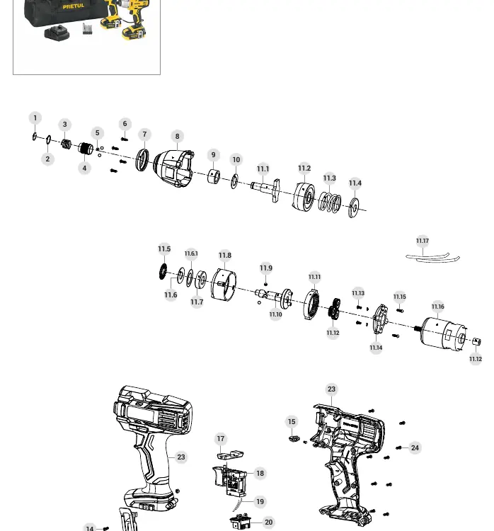 Exploded view of DIMI-20P impact driver