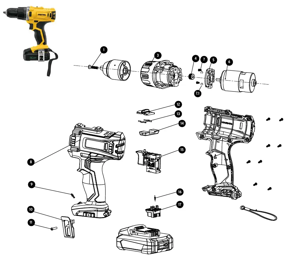 Exploded view diagram of the Pretul TALI-20P2 cordless drill components.