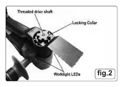 Fig 2: Accessory attachment mechanism showing the threaded drive shaft and locking collar.