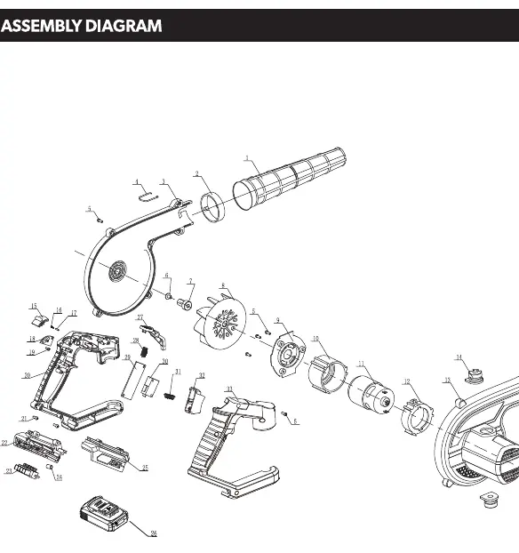 Exploded view of the Tolsen 87328 Cordless Blower assembly.