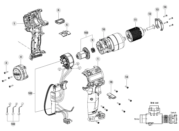 Exploded view diagram of the Truper ROTI-20AS drill