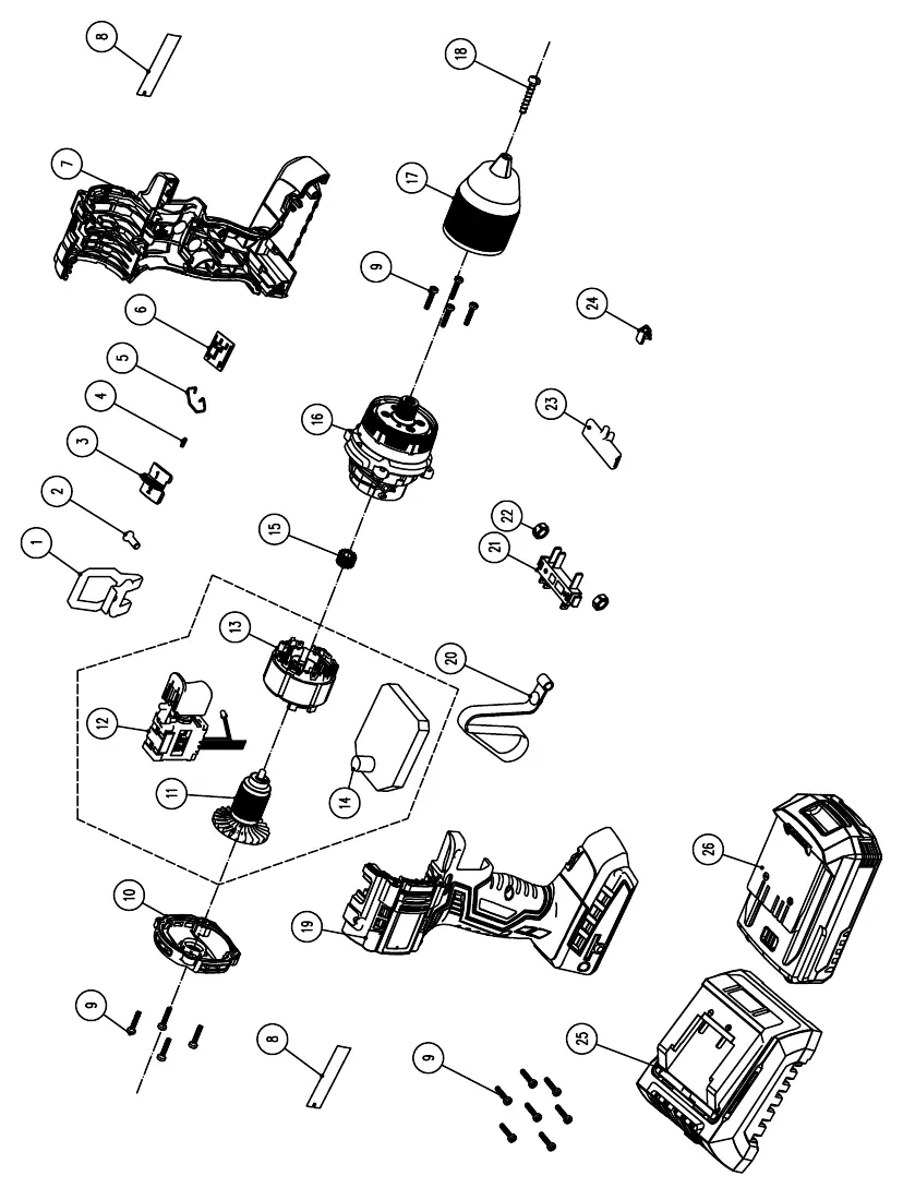 Exploded view of the hammer drill