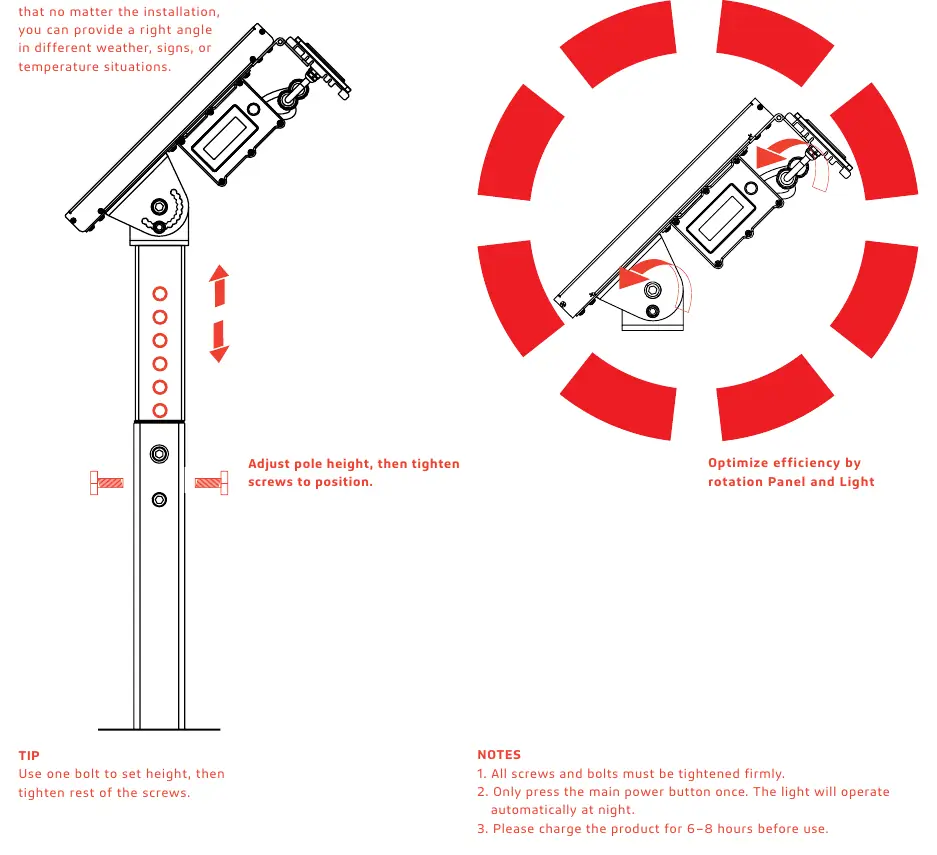 Adjustment of pole height and light angle.