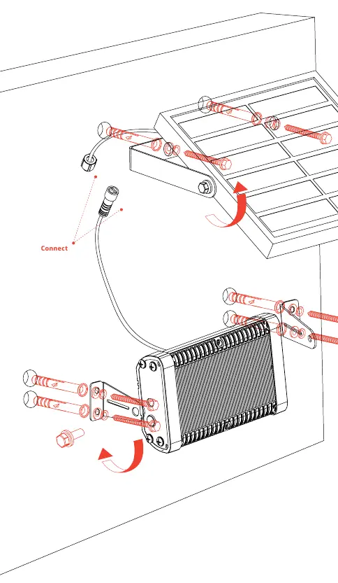 Wall mount installation diagram showing bracket and cable connection.