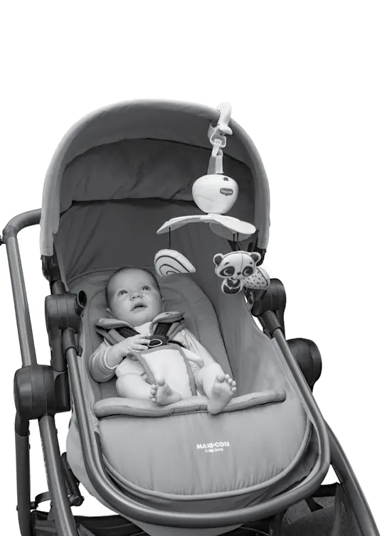 Tiny Love Take Along Mobile attached to a stroller
