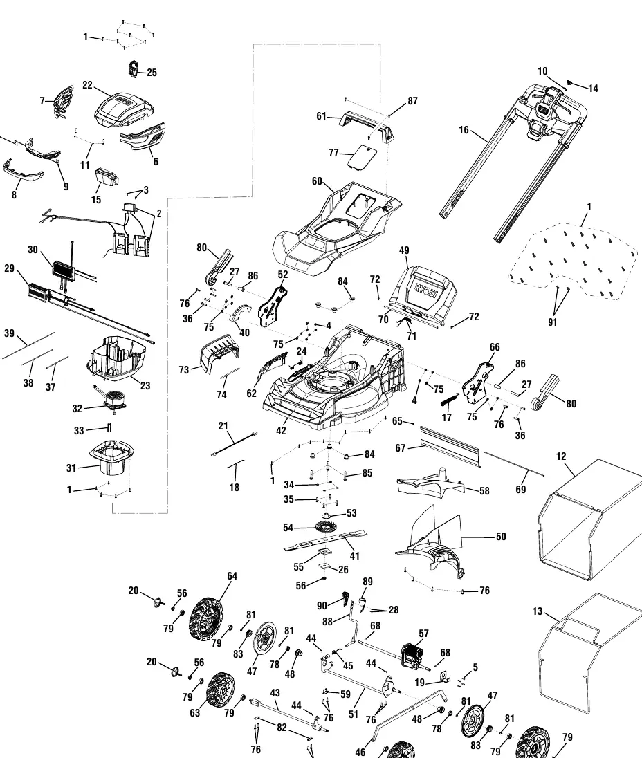 Exploded view of the lawn mower assembly.