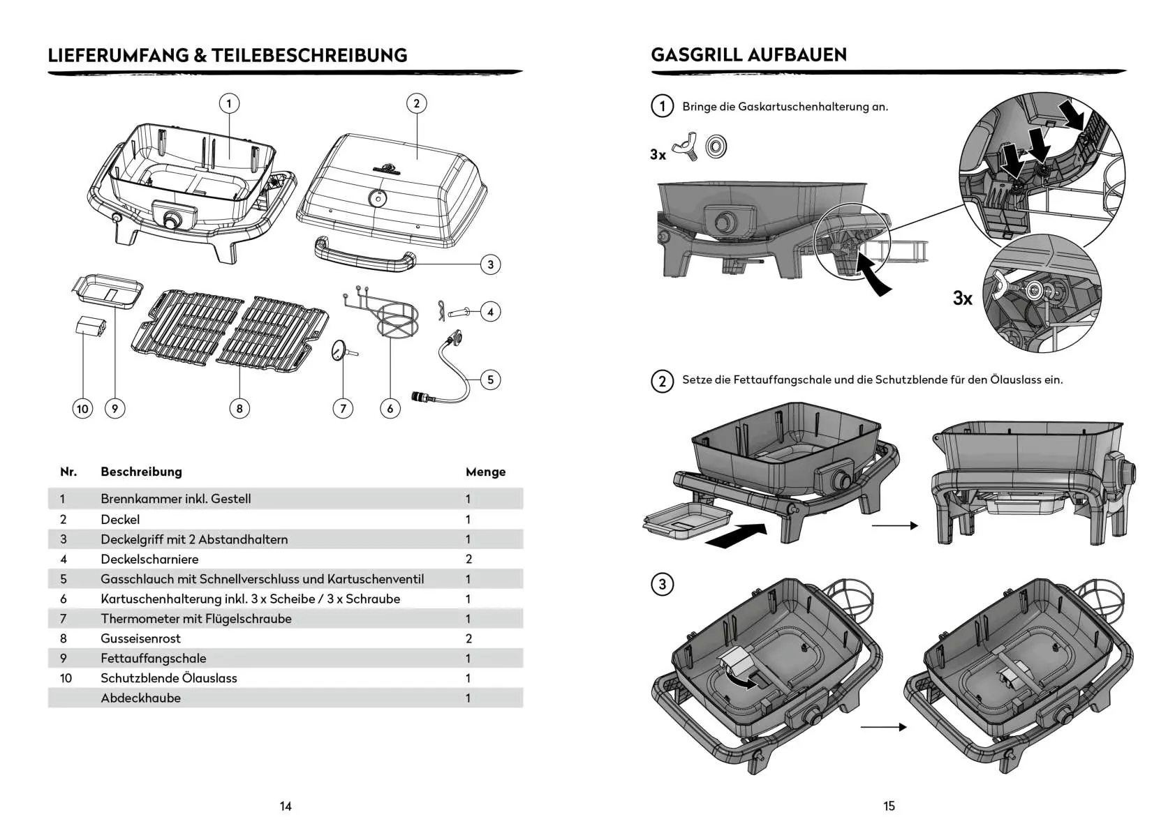 Parts list and initial assembly steps for the grill base.