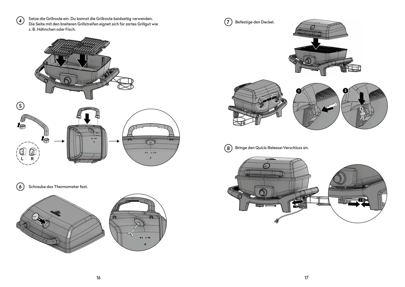Assembly steps for the grill grates, lid handle, thermometer, and lid attachment.