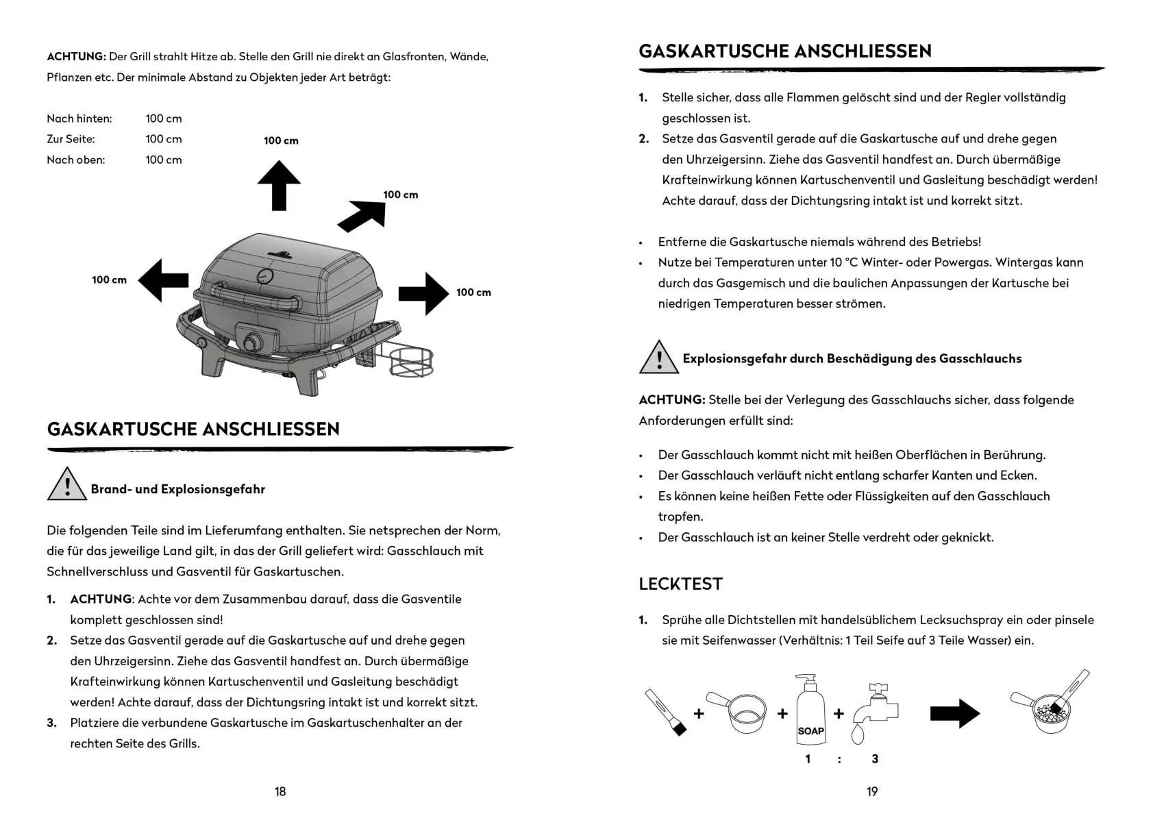 Safety clearance requirements and gas cartridge connection instructions.