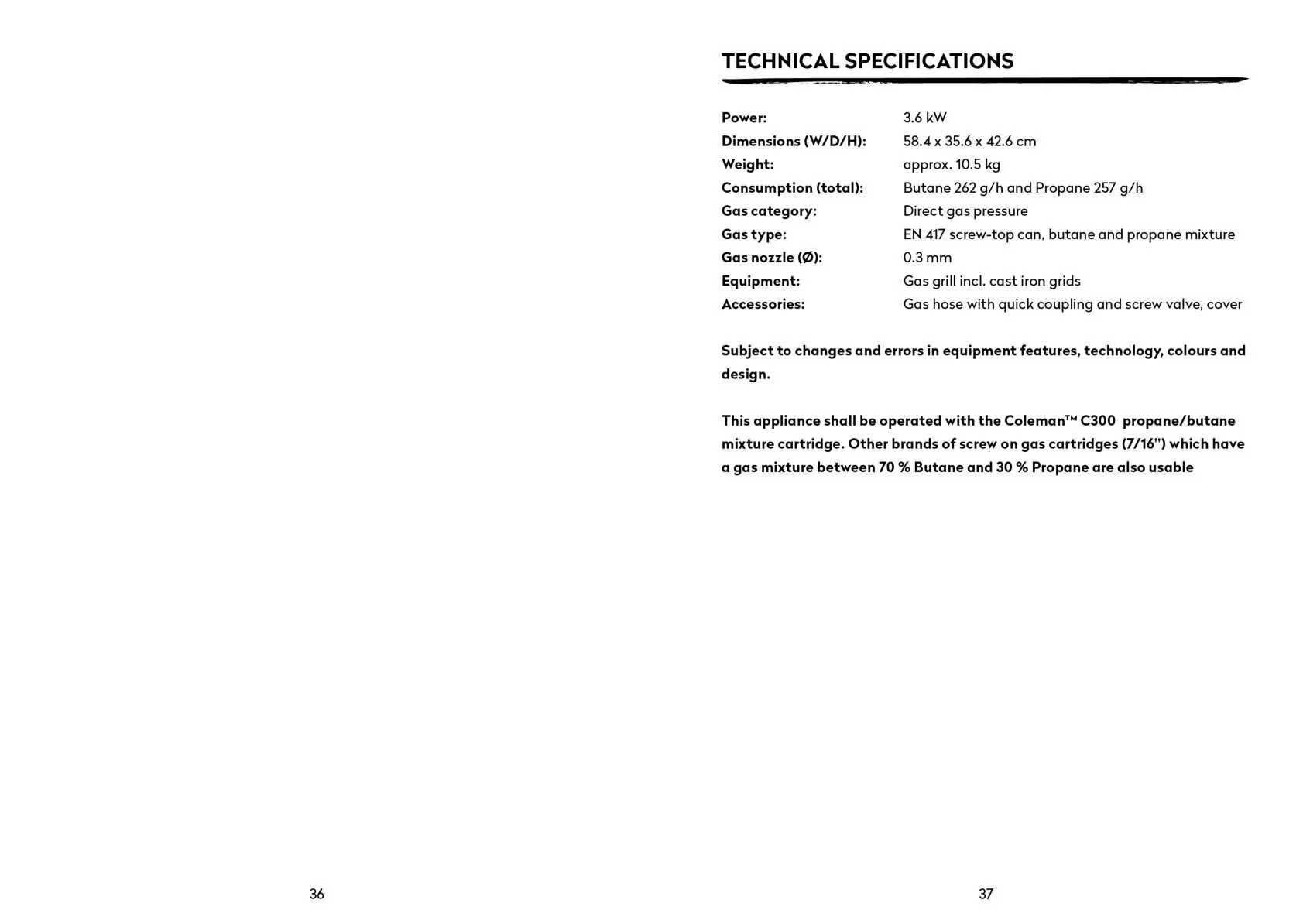 Technical specifications for the gas grill.
