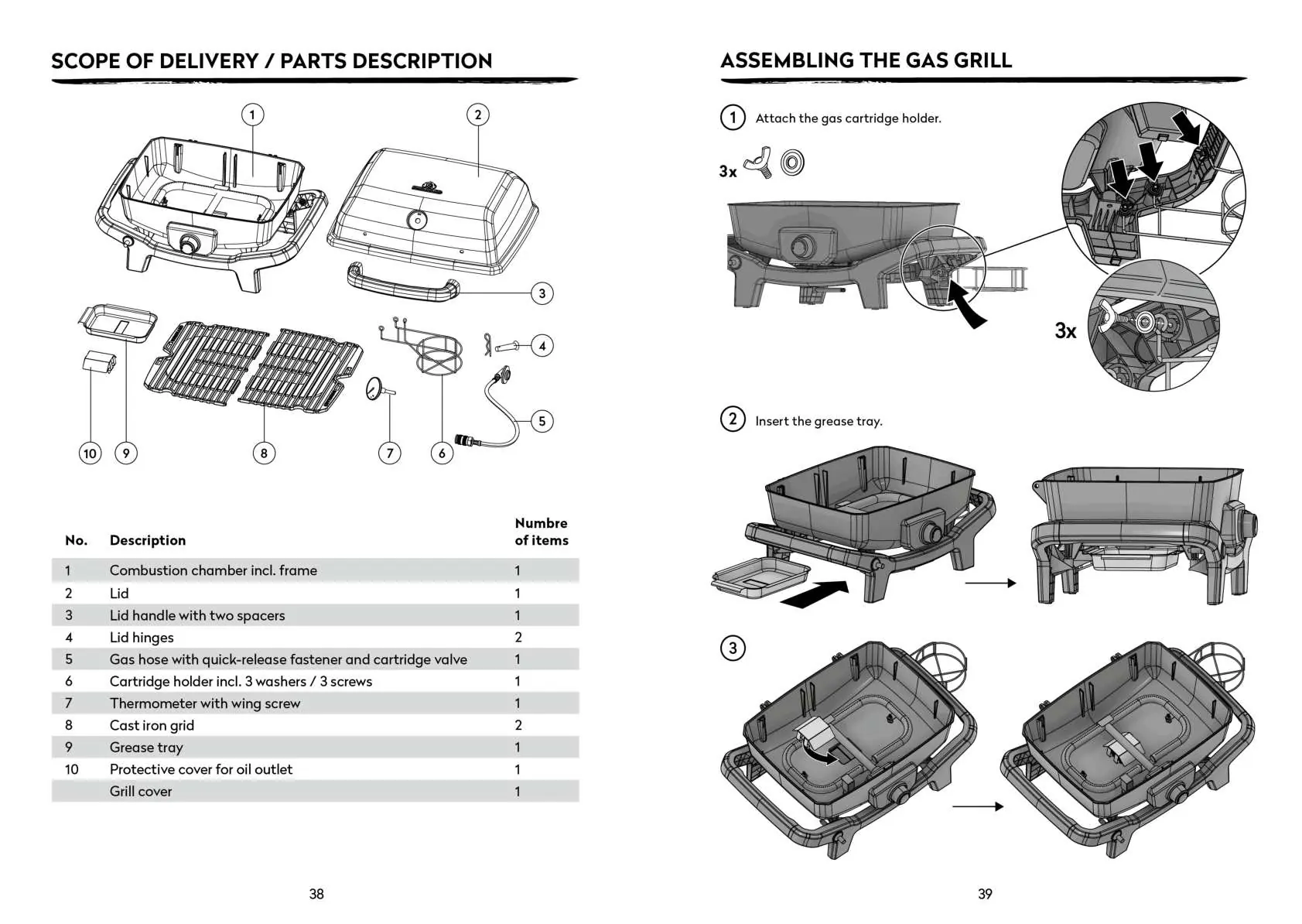 Parts list and initial assembly steps for the gas grill.
