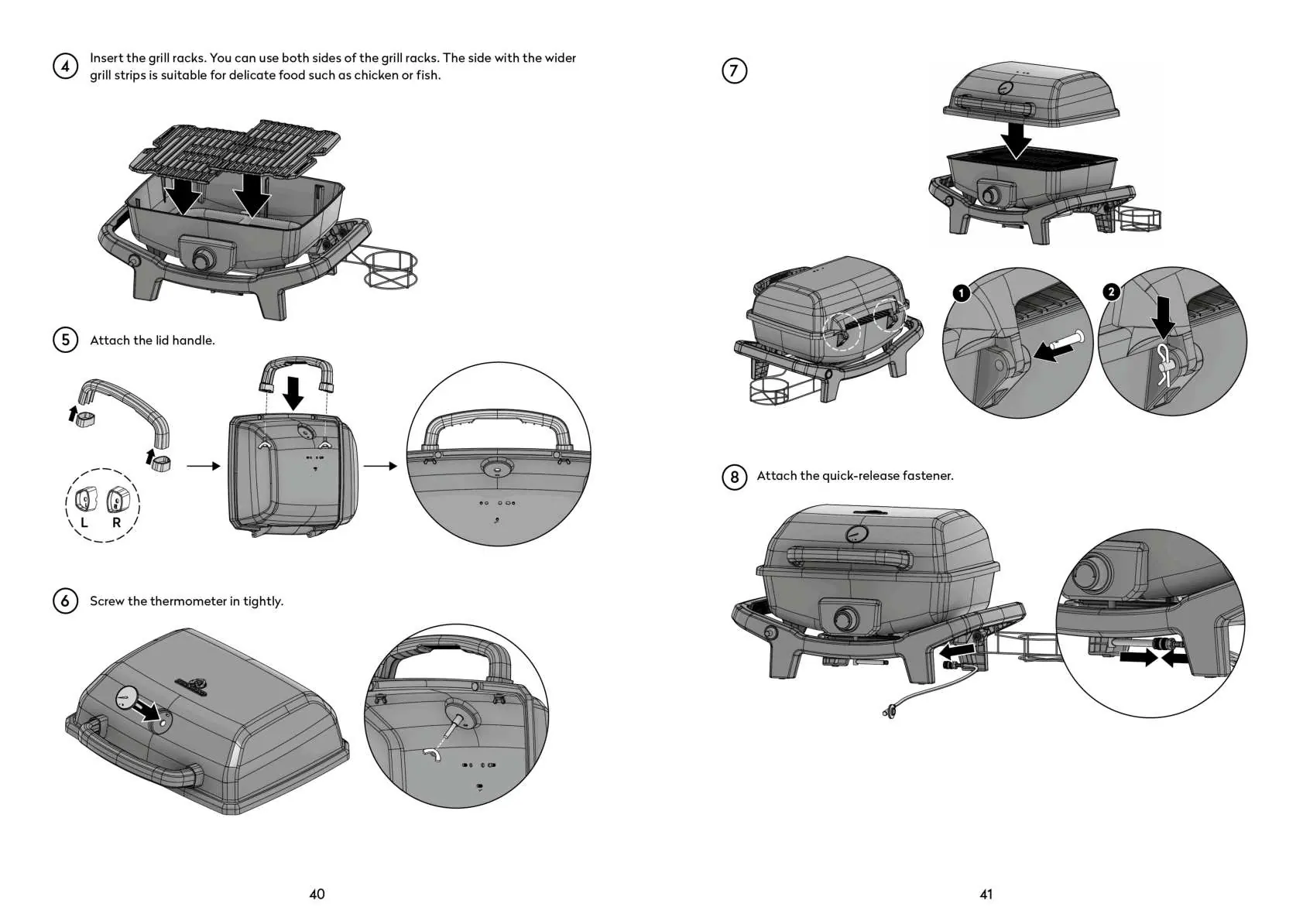 Assembly steps for the grill grates, lid handle, thermometer, and lid.