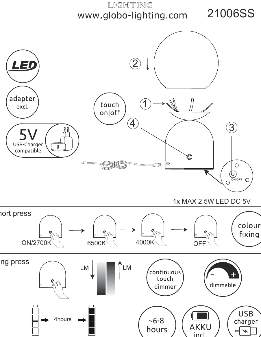 Operation and charging instructions for the Globo 21006SS table lamp.