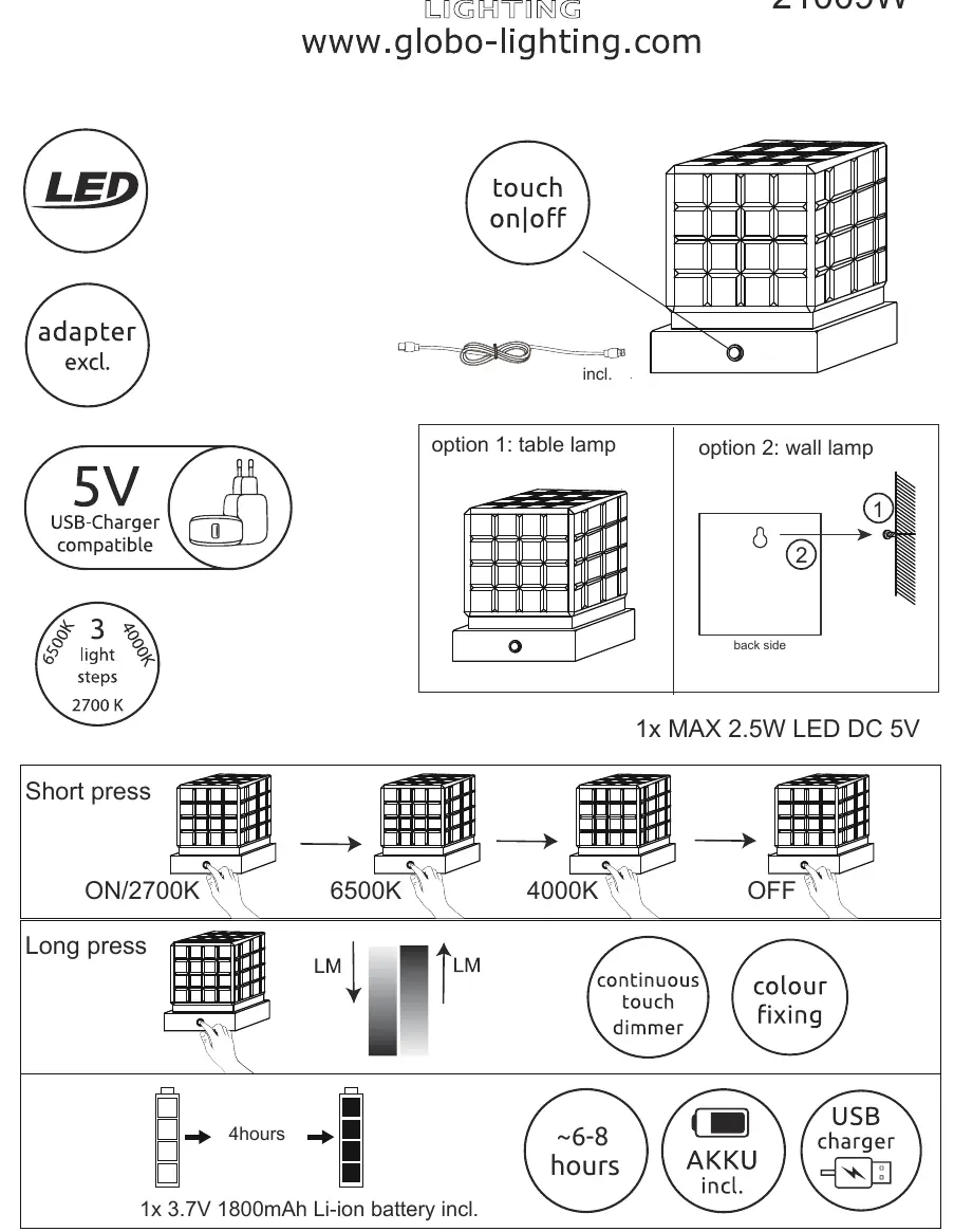 Operation, charging, and mounting instructions for the Globo Lighting lamp.