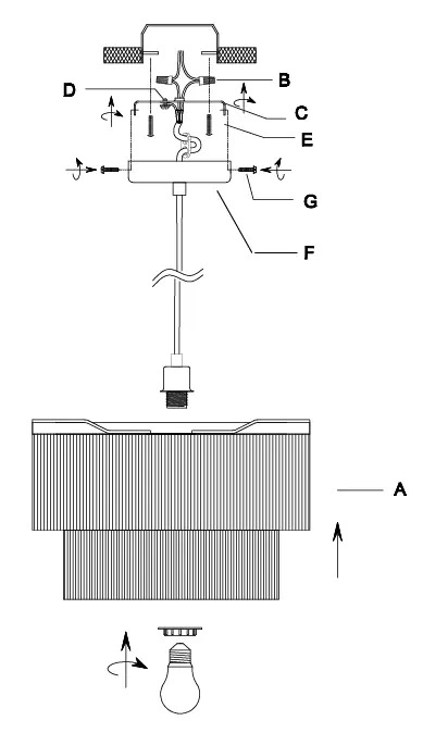 Assembly diagram showing mounting bracket, wiring, and shade attachment.