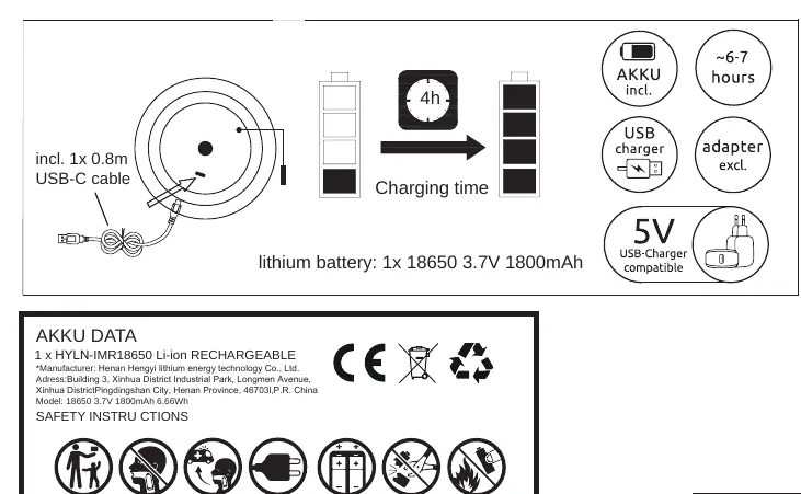 Charging instructions and battery specifications
