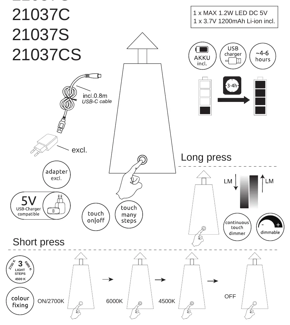Operation and charging instructions for the 21037 series lamp.