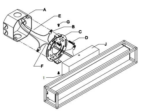 Exploded view of the assembly process showing parts A through J.