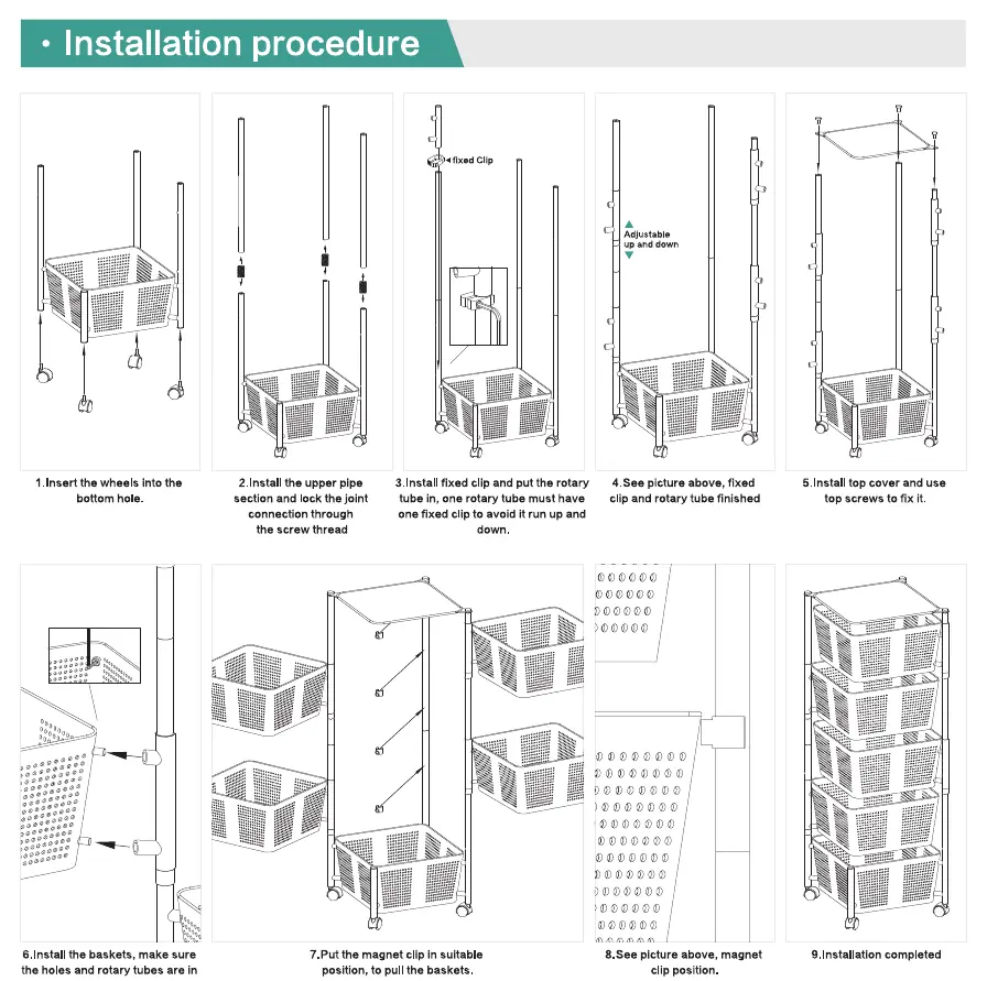 Step-by-step installation procedure for the kitchen cart.