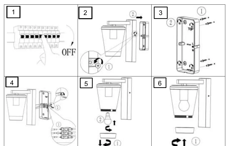 Installation steps 1 through 4: Power disconnection, bracket removal, wall mounting, and wiring.