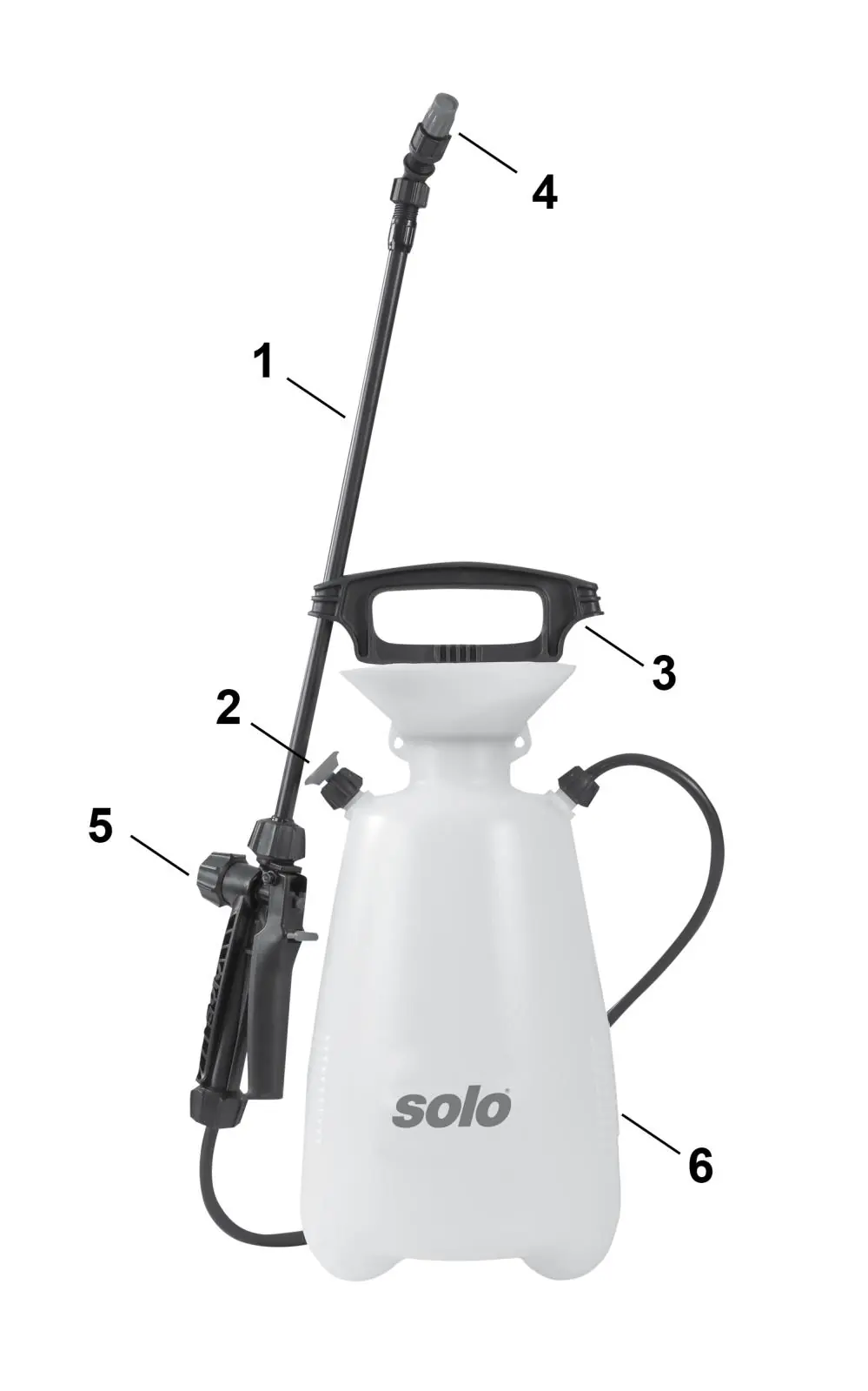 Parts overview of the SOLO pressure sprayer.