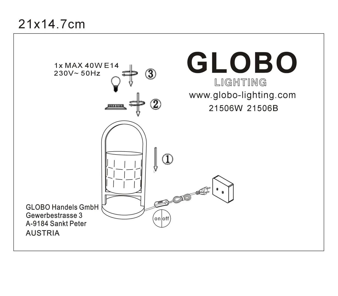 Assembly and installation diagram for the Globo Lighting 21506W/21506B table lamp.