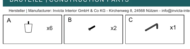 Parts list including legs (A), screws (B), and Allen key (C).