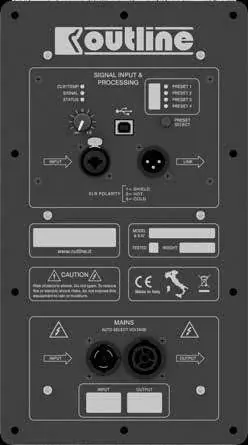 Rear panel interface showing inputs, outputs, and DSP controls.