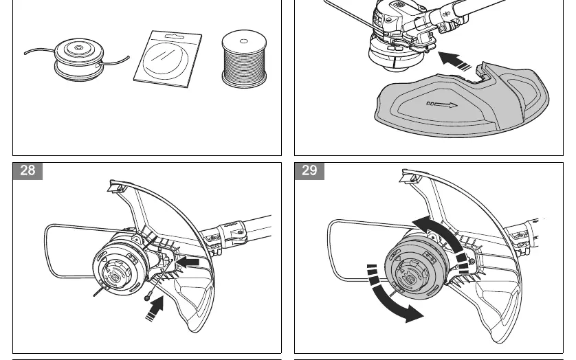 Assembly steps for the trimmer guard, head, and handle