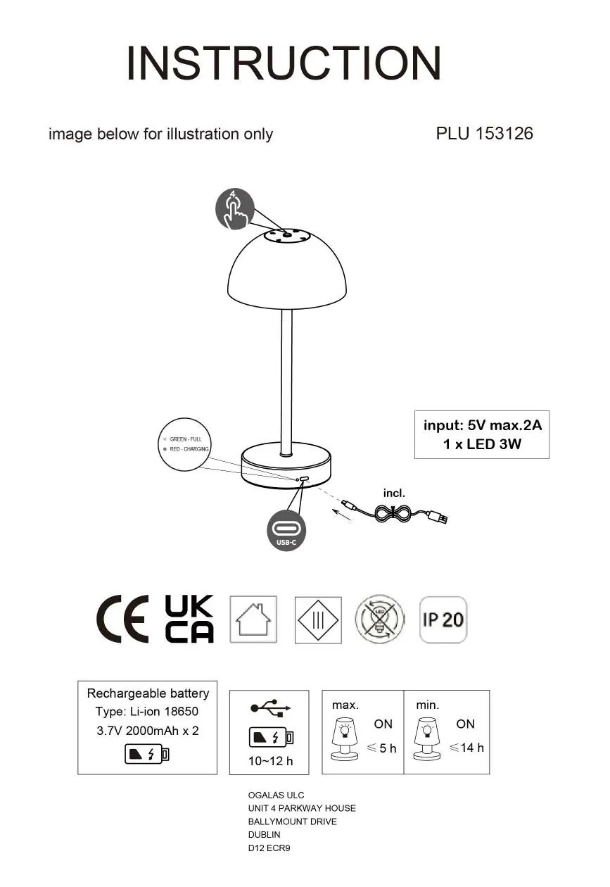 Diagram showing touch control, charging port, and indicator lights.