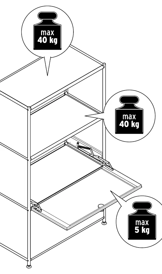 Load capacity limits for the cabinet shelves and flap door.
