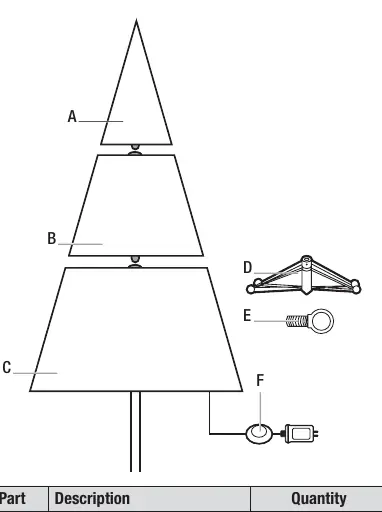 Parts diagram showing tree sections A, B, C, stand D, eyebolt E, and foot pedal F.