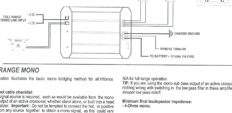 Wiring diagram for full range stereo and mono applications.