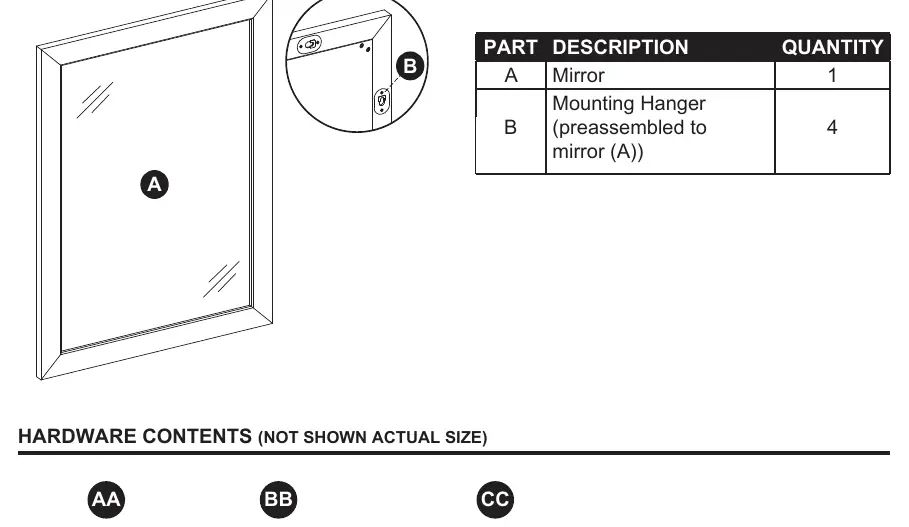 Package contents including mirror and hardware.