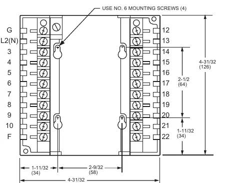 Top and front view of Q7800A1005 Wiring Subbase with dimensions.