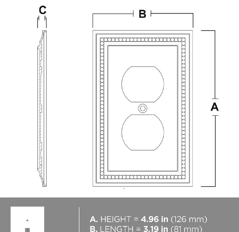 Dimensional diagram of the 1-gang duplex wall plate
