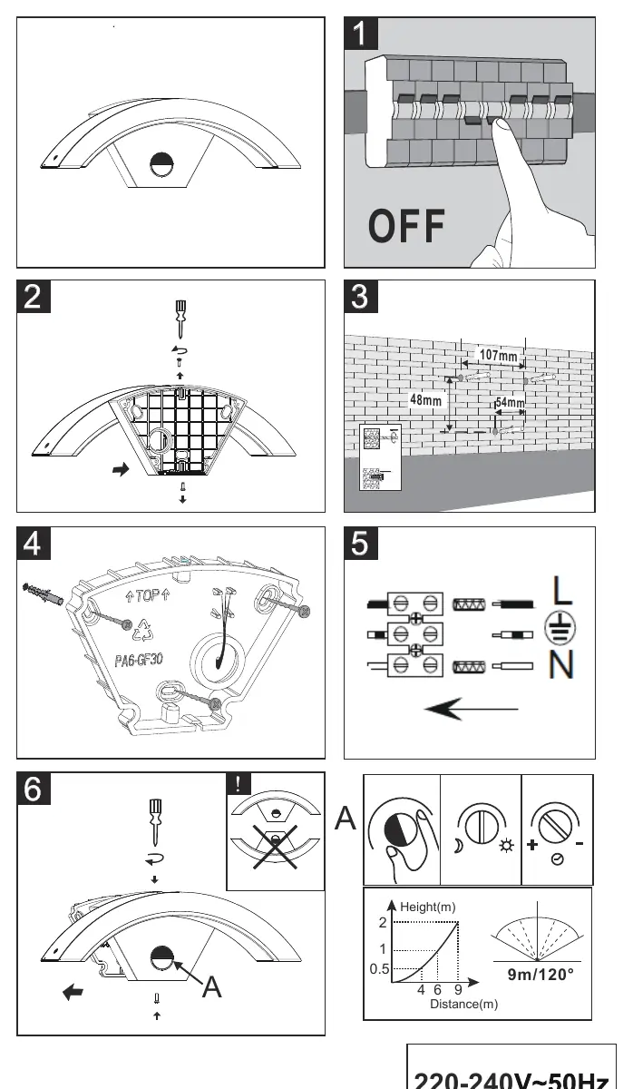 Installation steps 1-6 and wiring diagram