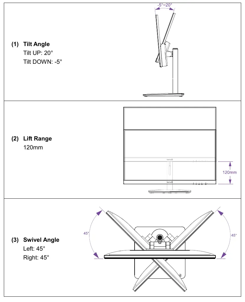 Stand adjustment capabilities: tilt, lift, and swivel.