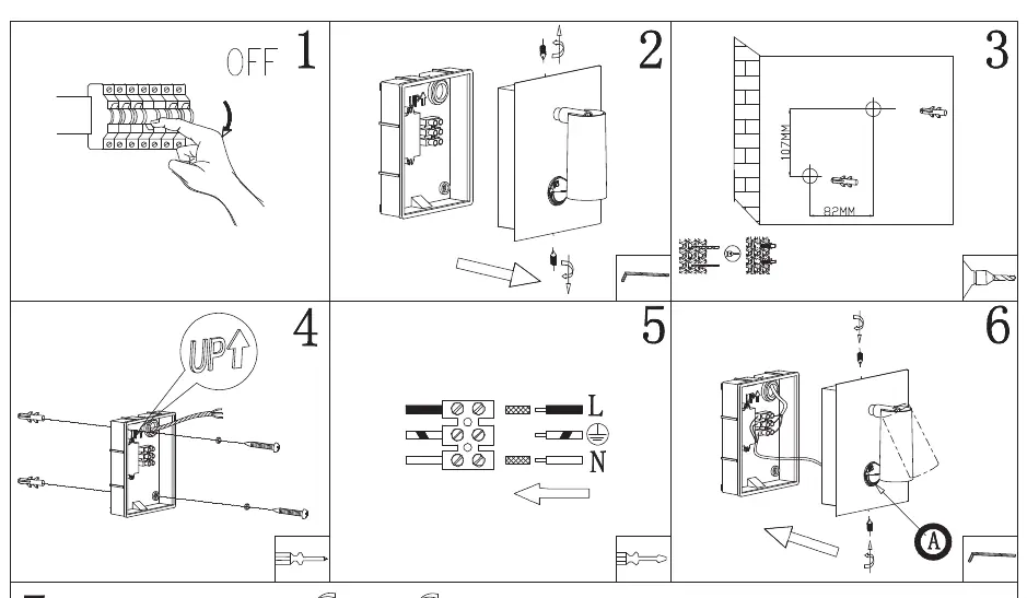 Installation steps 1 through 6 for the wall light.