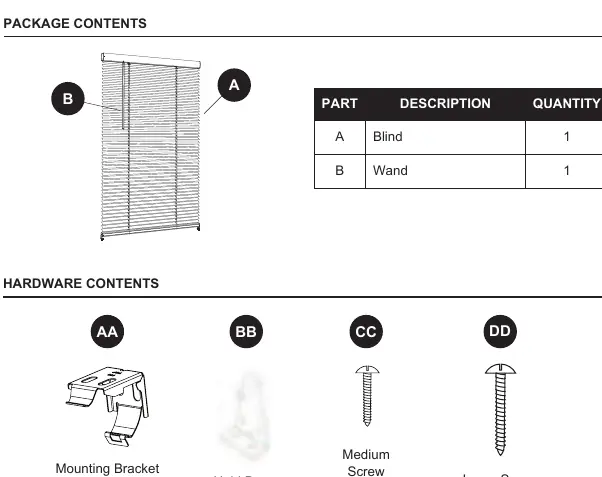 Package contents including blind, wand, and hardware.