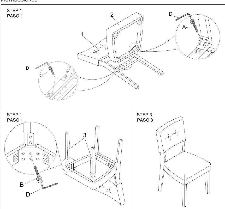 Assembly diagram showing the connection of the backrest, seat, and legs.