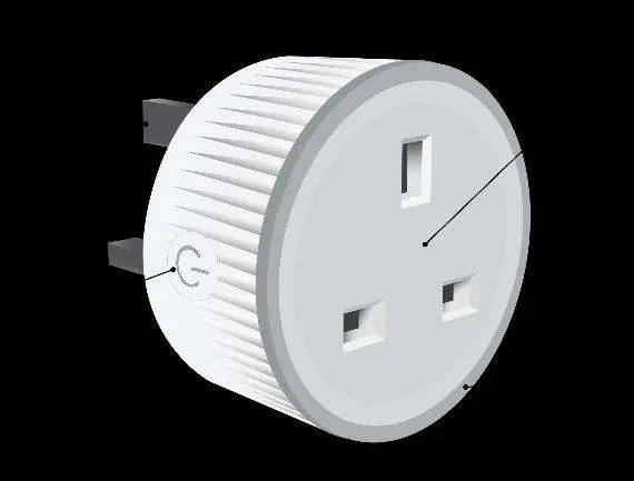 Product diagram showing plug, S button, socket, and LED indicator.