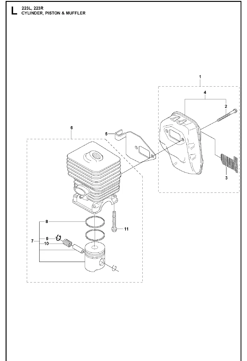 Cylinder, piston, and muffler assembly diagram