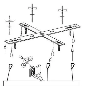 Installation diagram showing the ceiling mounting plate and cable adjustment.
