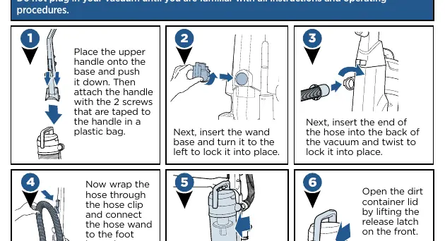 Assembly steps for handle, wand, and hose