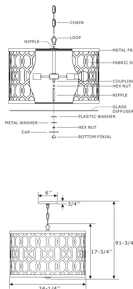 Assembly diagram showing the installation sequence of the chandelier components.