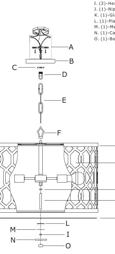 Exploded view of the chandelier parts.