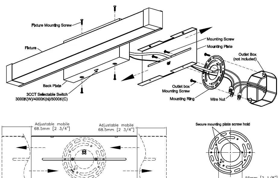 Installation diagram showing mounting ring, back plate, and color temperature switch.