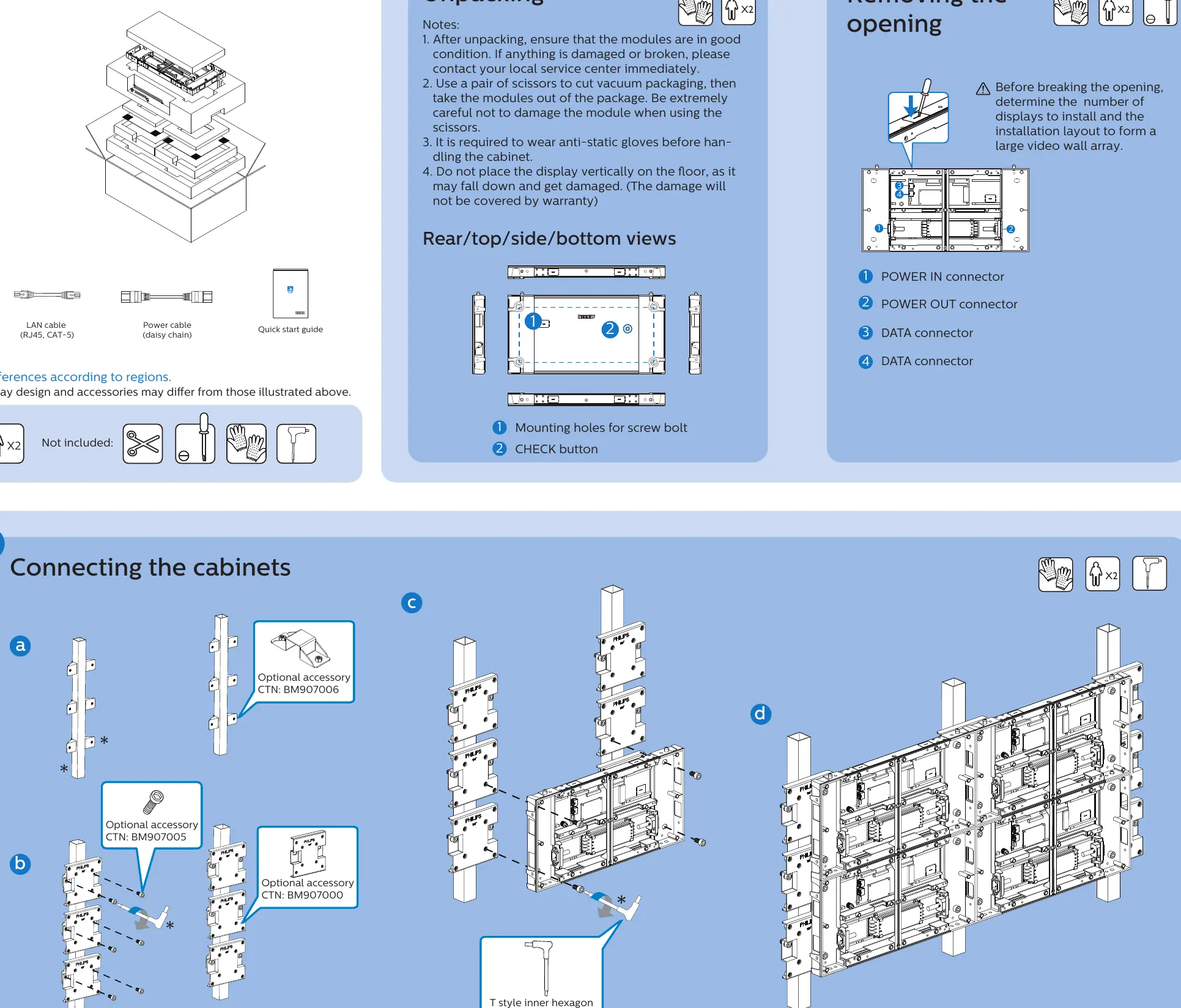 Unpacking and identifying cabinet components.